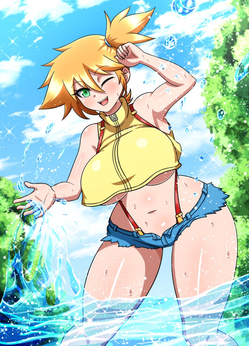 adapted_costume alternate_breast_size asymmetrical_hair bare_arms bare_legs blush breasts curvaceous denim denim_shorts female female_only female_solo game_freak green_eyes gym_leader hips huge_breasts human kasumi_(pokemon) large_breasts legs looking_at_viewer misty_(pokemon) nintendo nipples one_eye_closed orange_hair pokemon pokemon_(game) pokemon_rgby ponytail red_hair shirt short_hair short_shorts shorts side_ponytail solo suspenders tank_top thick thick_thighs thighs tied_hair tight_clothes water wide_hips yellow_shirt yellow_tank_top yensh