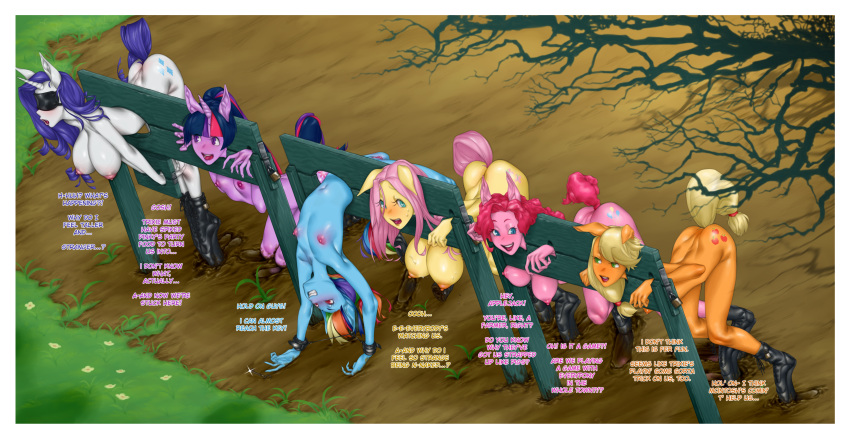 6girls above_view anthro applejack_(mlp) apuru_kun ass bent_over blindfold bondage breast_size_difference breasts english_text female femsub fluttershy_(mlp) friendship_is_magic furry mane mane_six_(mlp) multiple_girls multiple_subs my_little_pony nipples nude outdoors party_wipe pillory pinkie_pie_(mlp) pony public_use rainbow_dash_(mlp) rarity_(mlp) smooth_skin standing stocks twilight_sparkle_(mlp)