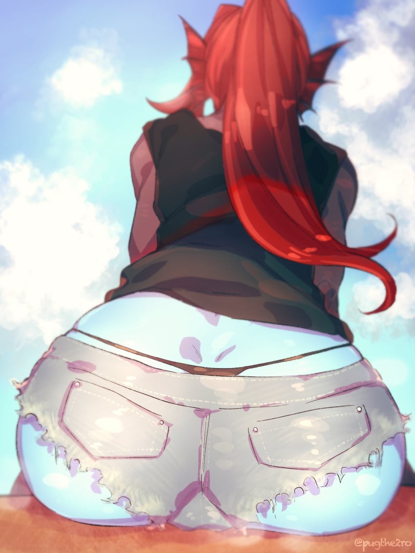 1girls anthro ass blue_skin close-up clothed denim_shorts female female_only fish from_behind marine ponytail pugthe2ro red_hair short_shorts shorts sitting solo spread_legs thong undertale undyne