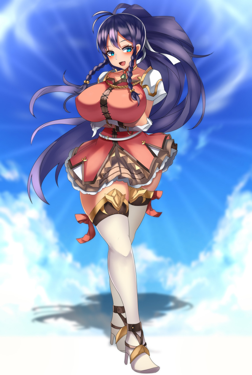 1girls bare_thighs blue_eyes blue_hair boots braid crossed_arms fire_emblem fire_emblem:_the_sacred_stones high_heels huge_breasts light_blue_eyes long_hair nintendo open_mouth open_smile ponytail skirt smile solo solo_female tana_(fire_emblem) tea_texiamato twin_braids