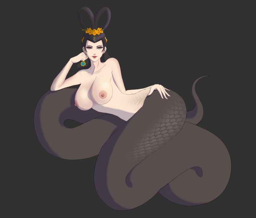 1girls brown_hair crown hair_ornament hand_under_chin lamia large_breasts long_hair looking_at_viewer lounging makeup mascara monster_girl nude oc original original_character pose scales smile snake snake_girl stagbeetle6_(artist) yellow_eyes