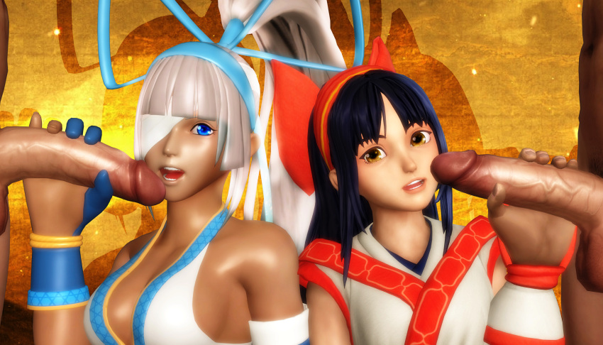 2boys 2girls ainu asian black_hair blue_eyes clothed clothed_female_nude_male clothed_sex el_ratounador eyepatch fellatio handjob japanese_clothes large_penis light_skin majikina_mina medium_breasts nakoruru nude one_eye_covered oral samurai_shodown small_breasts smile snk tan_skin unseen_male_face white_hair yellow_eyes