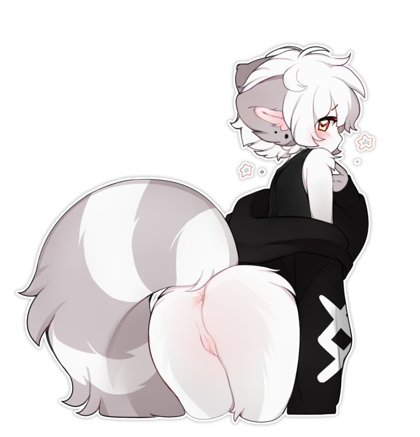 2023 anthro anus ass big_tail blush bottomless clothed clothing female fur genitals hair hi_res katsucoffee looking_at_viewer mammal markings procyonid pussy raccoon simple_background solo striped_markings striped_tail stripes tail tail_markings white_background