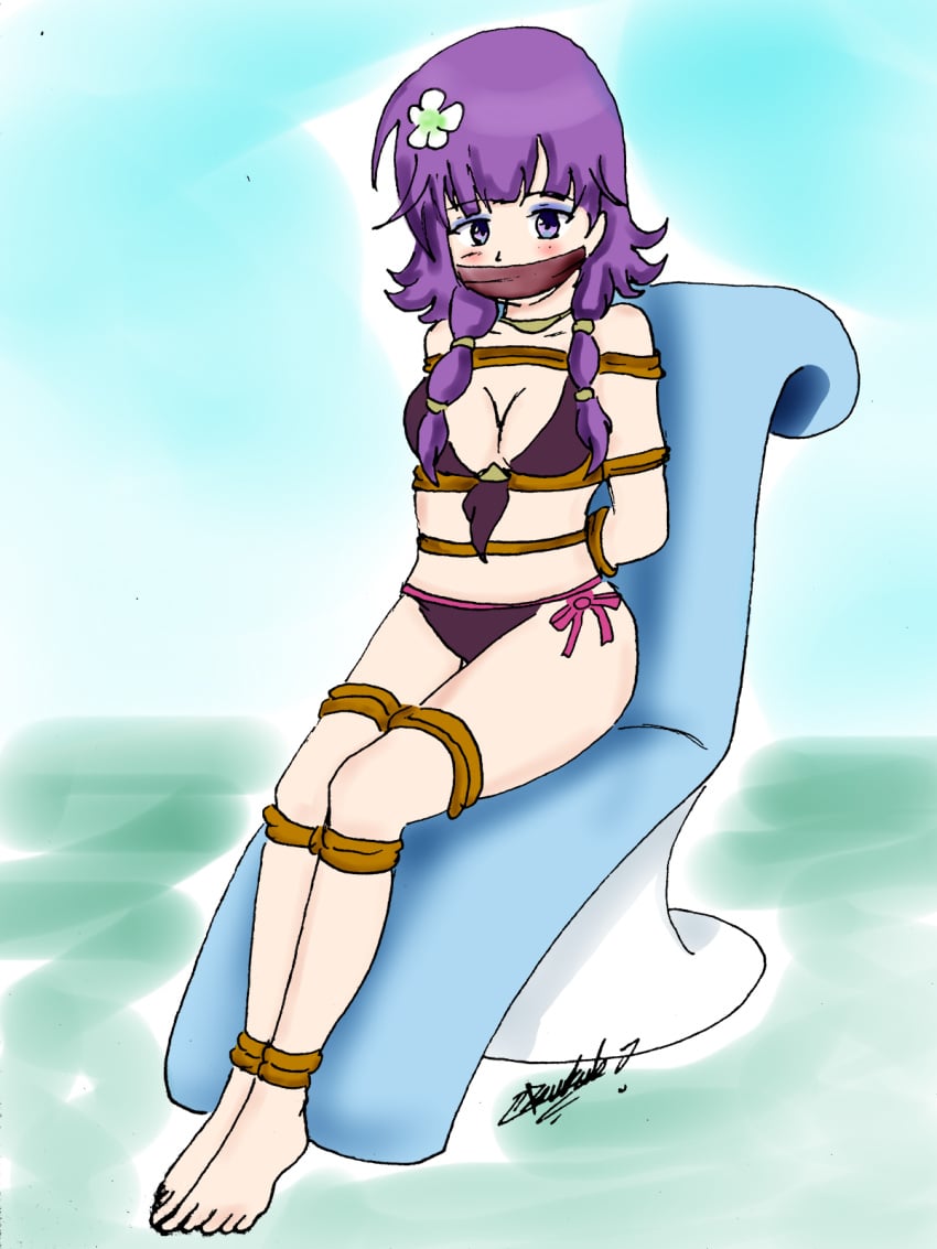 1girls arms_behind_back barefoot bikini bondage chair cleavage fire_emblem fire_emblem:_the_sacred_stones fire_emblem_heroes gag lute_(fire_emblem) lute_(summer)_(fire_emblem) makeup medium_breasts medium_hair mrrockwithyou7 nintendo purple_bikini purple_eyes purple_hair purple_swimsuit rope rope_bondage sitting solo solo_female swimsuit tape tape_gag