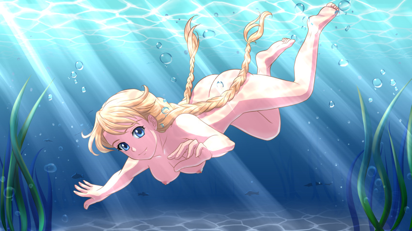 1girls air_bubble ass barefoot blonde_hair blue_eyes braid breasts breath bubble completely_nude everlasting_summer female freediving game_cg highres holding_breath huyase long_hair nipples nude nudist original orika_nekoi skinny_dipping slavya-chan smile solo swimming travnica twin_braids underwater zenra