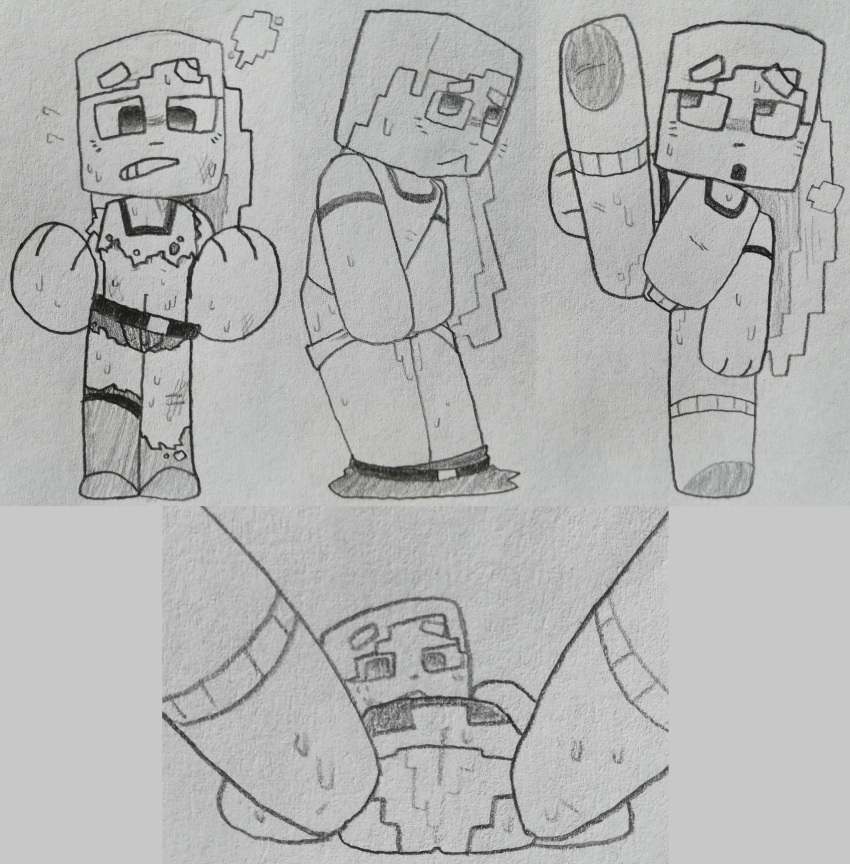 1girls bahamutgreen burned_clothing cube_head cubic_body damaged_clothes embarrassed leg_lift leg_raise microsoft minecraft mojang pinup pulling_down_pants solo solo_female square_head sweating traditional_media_(artwork) view_between_legs