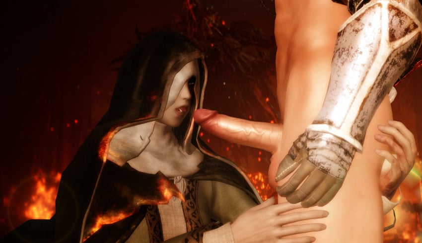 1boy 1girls burning_building clothed clothed_female_nude_male clothed_sex dark_souls dark_souls_3 el_ratounador father_ariandel fellatio fire fromsoftware gauntlets handjob large_penis light_skin nude nun oral sister_friede