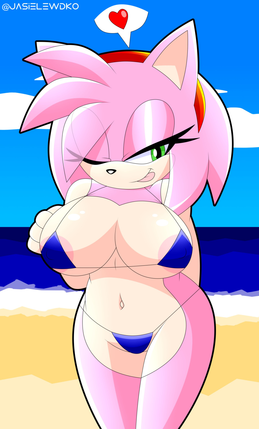 1girls absurd_res amy_rose anthro bedroom_eyes big_breasts bikini blue_bikini breasts clothing eulipotyphlan female female_only genitals gesture green_eyes heart hedgehog hi_res jasielewdko jasienorko looking_at_viewer mammal narrowed_eyes nipples one_eye_closed pussy seductive smile solo sonic_(series) sonic_the_hedgehog_(series) swimwear tongue tongue_out v_sign wide_hips wink