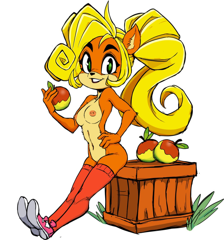 anthro ass box coco_bandicoot crash_(series) fur furry hips naked navel nipples shoes small_breasts socks teevo wumpa_fruit