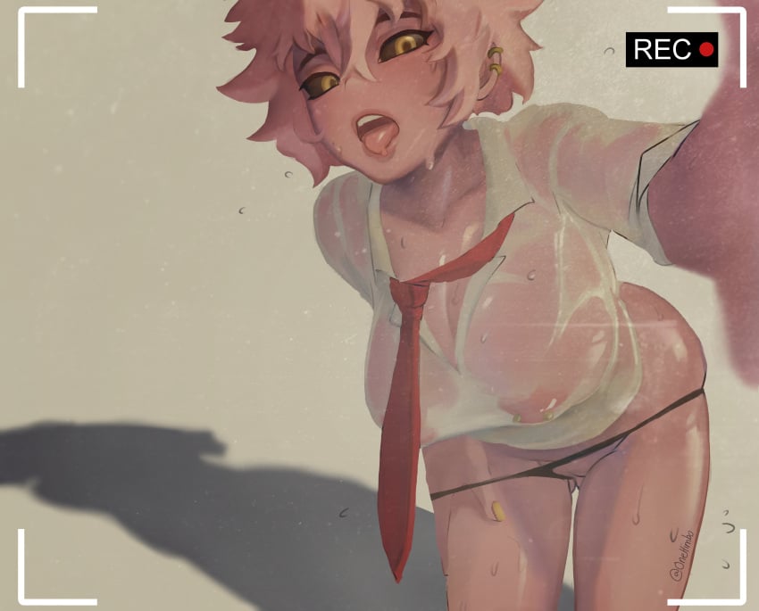 1girls black_sclera camera_view cleavage large_breasts mina_ashido my_hero_academia onehimbo open_mouth pink_hair pink_skin recording school_uniform see-through short_hair solo thong undressing wet wet_clothes