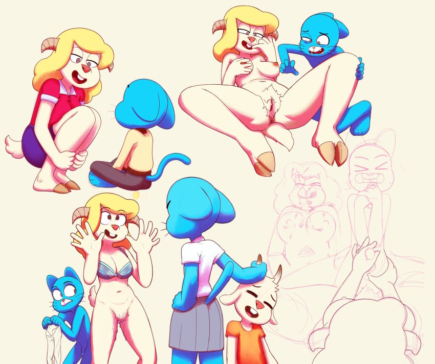 2boys 2girls age_difference aged_up anthro anus beige_fur blonde_hair blue_bra blue_fur blue_skirt bodily_fluids bottomless bovid bra breasts brown_eyes caprine cartoon_network chi_chi chi_chi's_mom clothed clothing cum d-rock domestic_cat drockdraw duo felid feline felis female fur genital_fluids genitals goat grey_skirt group gumball_watterson hair hairy_pussy hi_res hooves horns male male/female mammal mature_female milf nicole_watterson nude older_female orange_shirt pencil_skirt penis pubes pussy red_shirt shirt skirt spread_legs spreading tail the_amazing_world_of_gumball unfinished white_shirt younger_male