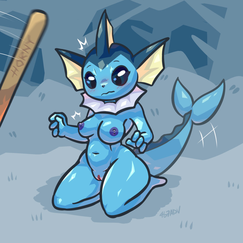 2021 467adv 4_fingers anthro bat_(object) blue_body blue_nipples blue_skin blush breasts clitoral_hood digital_media_(artwork) eeveelution female fingers genitals glistening glistening_body go_to_horny_jail hi_res horny_bat kneeling meme motion_lines navel nintendo nipples nude outside pokémon_(species) pokemon pokemon_(species) pussy solo surprised_expression vaporeon video_games