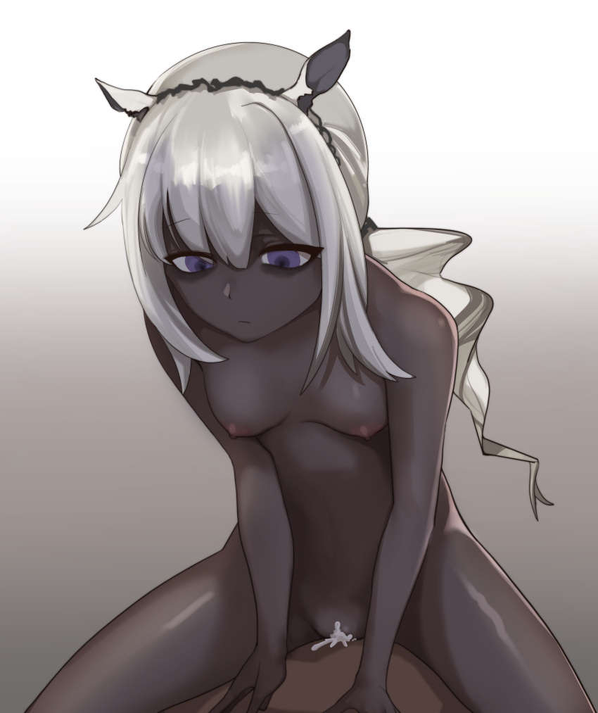 1boy 1girls animal_ears areolae arknights breasts cowgirl_position cum cum_in_pussy cum_inside dark-skinned_female dark-skinned_male dark_skin ejaculation horse_ears horse_girl kewu nipples purple_eyes small_breasts tagme tuye_(arknights) very_dark_skin white_hair