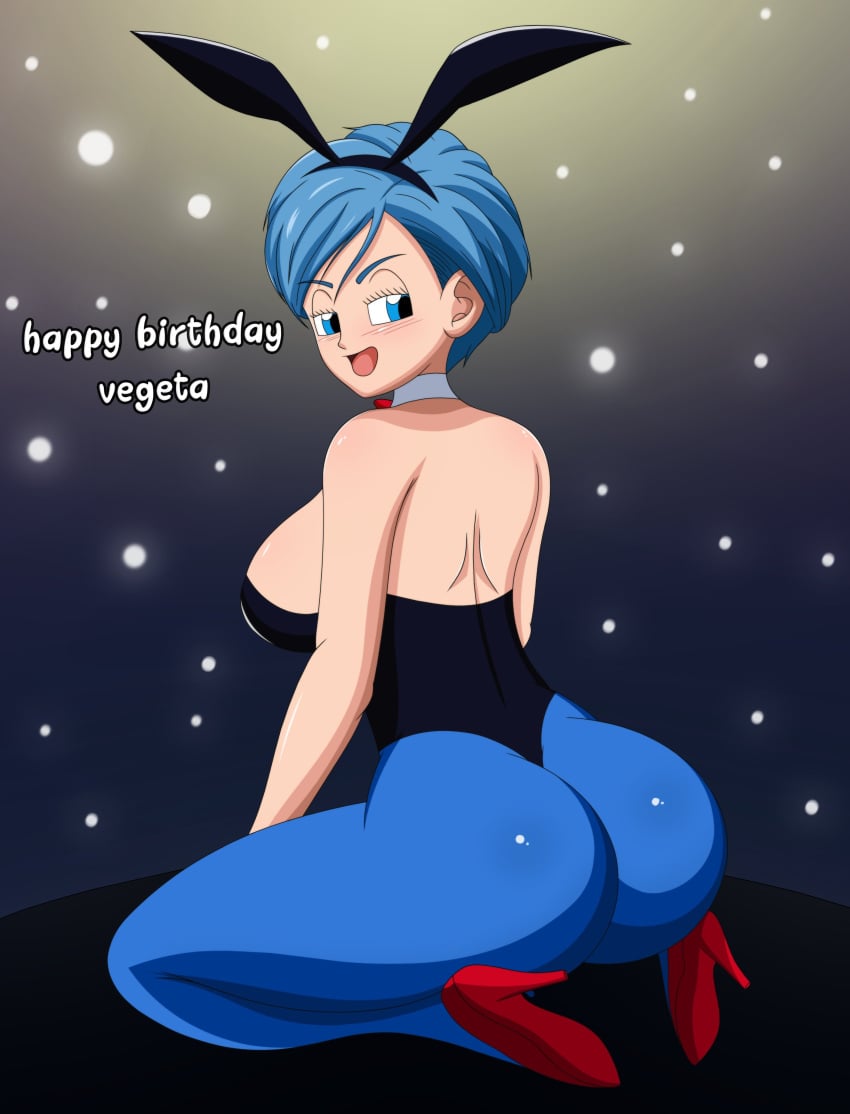 1girls ass back_view blue_eyes blue_hair blue_pantyhose bowtie bulma_briefs bunny_costume bunny_ears bunny_girl bunnysuit detached_collar dragon_ball dragon_ball_super happy_birthday high_heels huge_ass looking_back migi_rider milf no_eyewear red_heels short_hair shounen_jump