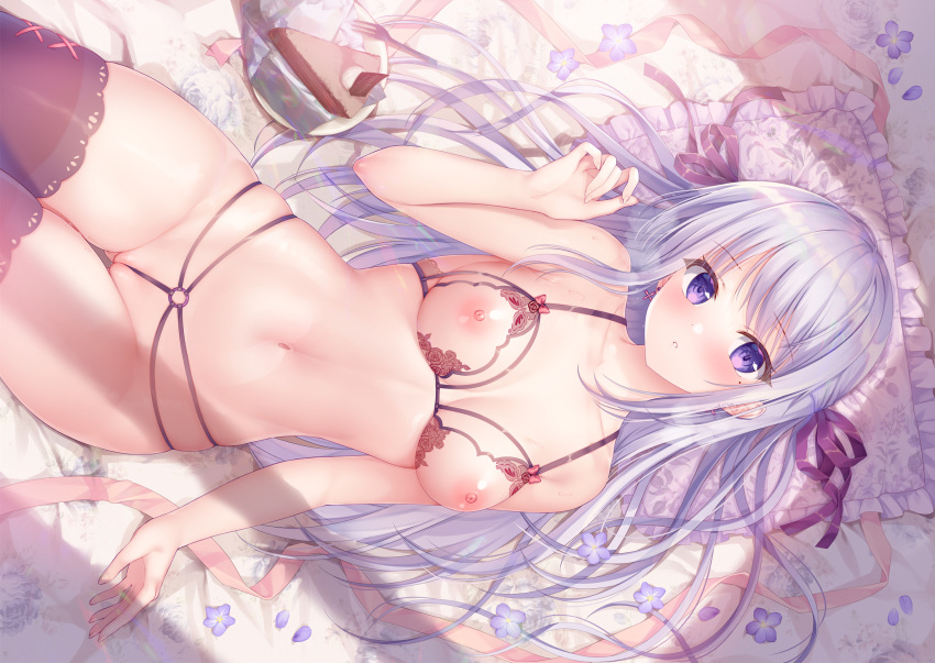 bra cake food long_hair original purple_eyes purple_hair pussy sousouman thighhighs uncensored underwear