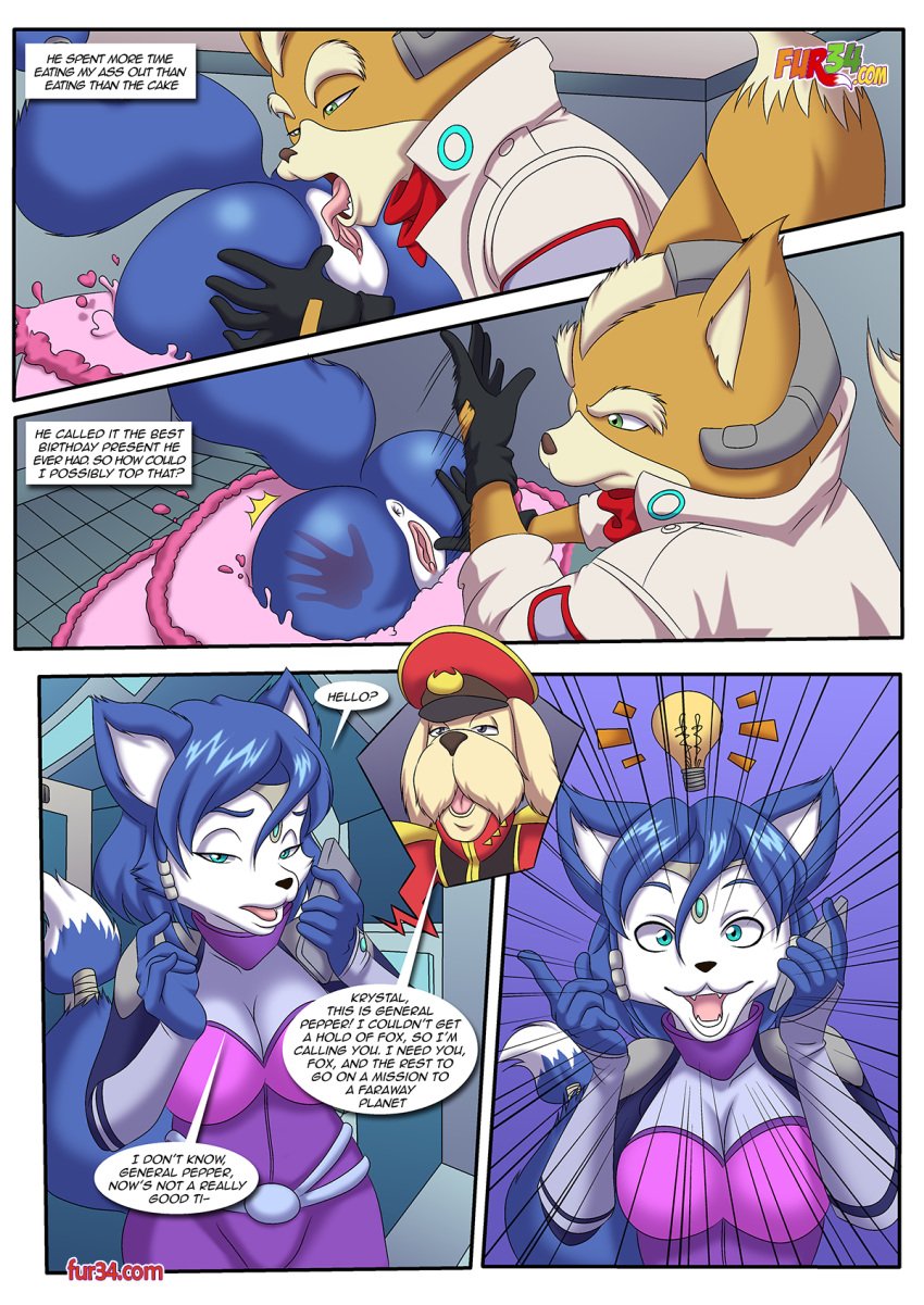 anthro anus ass birthday_cake cake comic cunnilingus dialogue fox's_best_birthday_party_ever! fox's_best_birthday_party_ever!_(palcomix)_(star_fox) fox_mccloud fur34 general_pepper krystal licking_pussy palcomix pussy slap star_fox