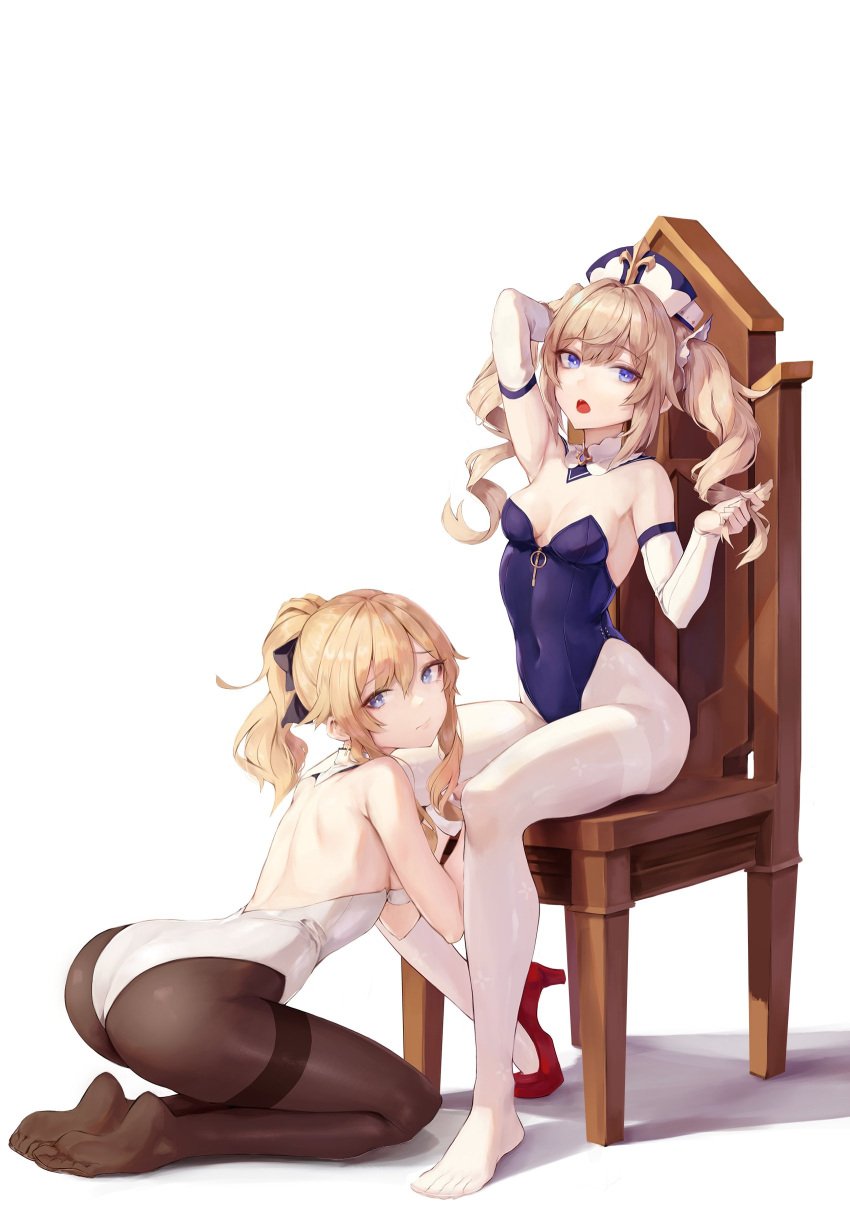 2girls armpits ass barbara_(genshin_impact) bent_over blonde_hair blue_eyes breasts bubble_ass bubble_butt bunnysuit chair feet female female_only genshin_impact hi_res high_heels hiki_niito hikinito_(leviathan) jean_gunnhildr leotard nun pantyhose playboy_bunny ponytail siblings sisters sitting skin_tight spread_legs toes twintails