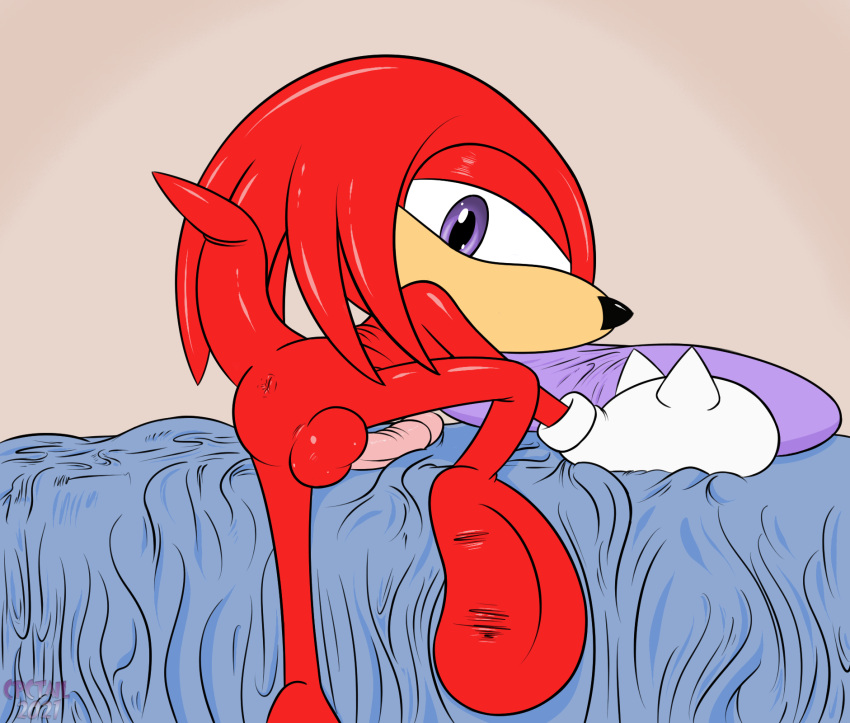 anthro anus balls bed cpctail echidna featureless_feet furniture genitals hi_res knuckles_the_echidna male male_only mammal mobian_echidna monotreme on_bed penis pillow red_body sega solo sonic_(series) sonic_the_hedgehog_(series) video_games