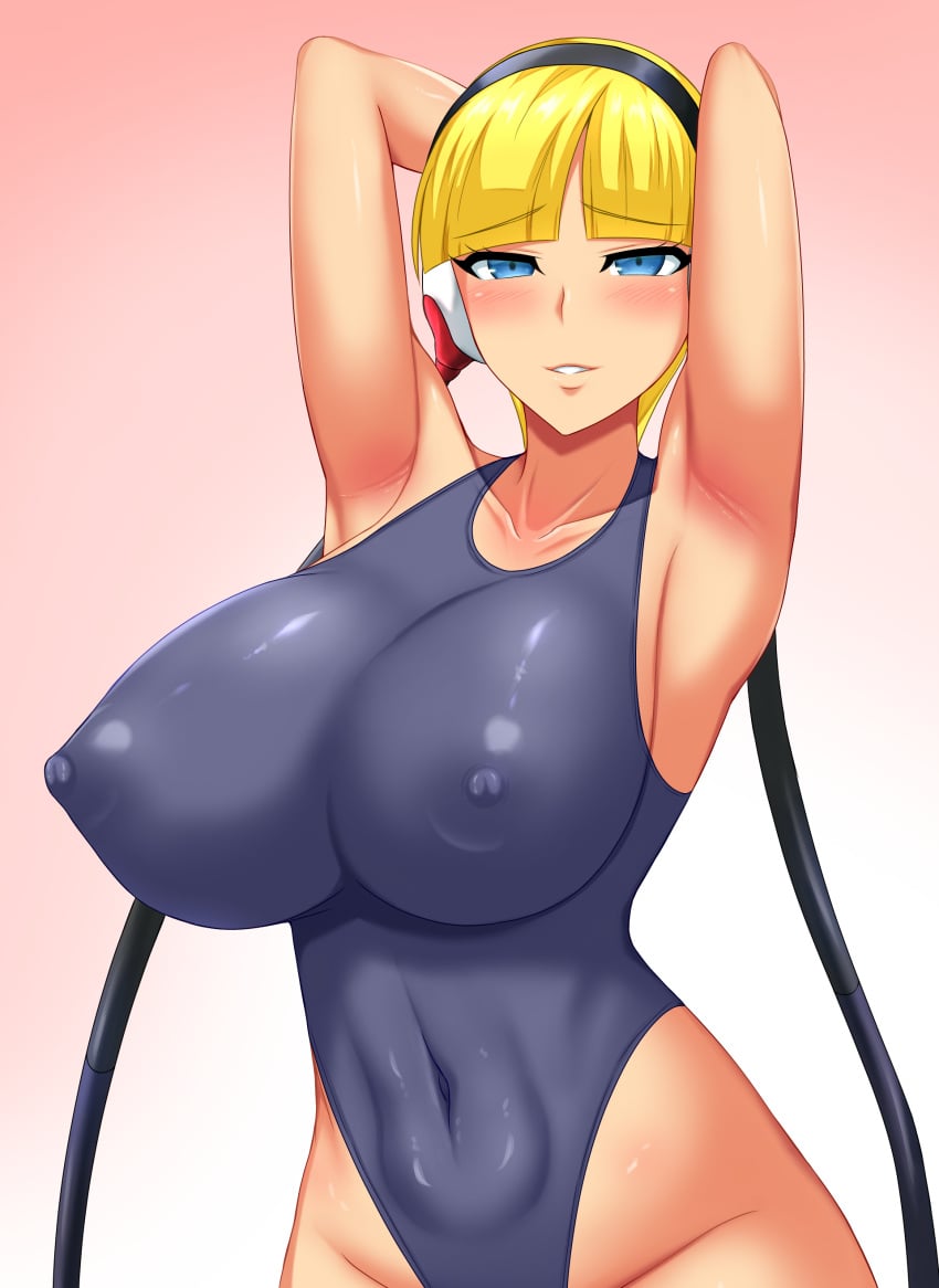 1girls alternate_breast_size big_breasts blonde_hair breasts curvy_figure elesa_(pokemon) elesa_(pokemon_bw) eye_contact female gym_leader huge_breasts looking_at_viewer murasame_(pixiv_38411450) nintendo no_eyewear one-piece_swimsuit pokemon pokemon_bw solo standing swimsuit