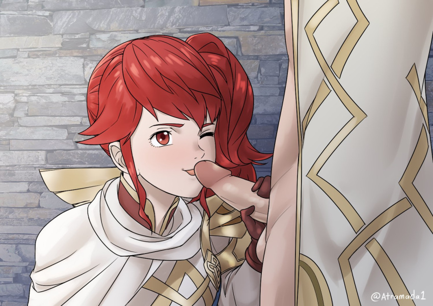 1boy anna_(fire_emblem) anna_(fire_emblem_heroes) atramada1 fellatio female fire_emblem fire_emblem_heroes handjob kiran_(fire_emblem) kiran_(fire_emblem)_(male) medium_penis nintendo one_eye_closed penis penis_lick penis_out red_hair testicles winking