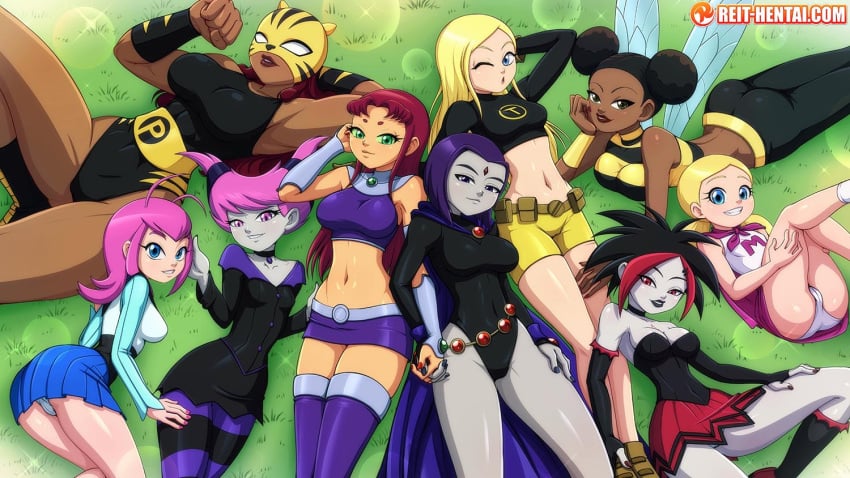 9girls ;) abs alien alien_girl alien_humanoid antonia_monetti argent_(dc) belt big_breasts black_hair black_leotard blonde_hair blue_eyes boots bumblebee_(dc) cameltoe cartoon_network clothing dark-skinned_female dark_skin dc dc_comics demon_girl female female_only footwear forehead_jewel goth_girl gothic_lolita green_eyes grey_skin handwear human jinx_(dc) karen_beecher kole kole_weathers koriand'r large_breasts leotard long_hair looking_at_viewer mask masked medium_breasts melvin_(dc) multiple_girls muscular_female offscreen_character pale-skinned_female pale_skin pantha pink_hair purple_eyes purple_hair rachel_roth raven_(dc) red_eyes red_hair redhead reit rosabelle_mendez short_hair short_skirt skin_tight skirt small_breasts starfire superheroine tara_markov teen_titans terra_(dc) tight_clothing under_skirt watermark