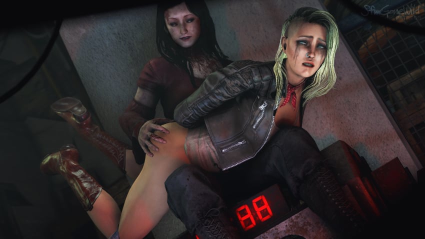 2girls 3d amanda_young ass big_ass big_butt black_hair blonde_hair blood blue_eyes boots bottomless captured crying dbd dead_by_daylight defeated female female/female female_only forced hand_on_ass jacket kate_denson long_hair medium_hair no_panties nose_piercing piercing runny_makeup saw_(series) sfmgonewild spanking tears yuri