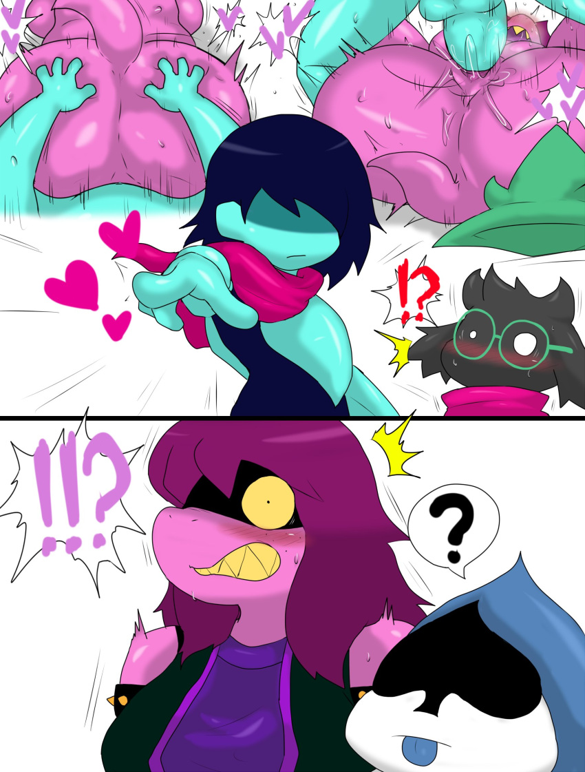 ? ?! anthro ass balls big_butt blue_body blue_skin blush bodily_fluids bovid caprine clenched_teeth clothing deltarune enigi09 eyewear female female_on_bottom female_on_human female_penetrated from_front_position genitals glasses goat group hair heart hi_res human human_on_humanoid human_penetrating human_penetrating_humanoid humanoid humanoid_penetrated interspecies kris_(deltarune) lancer_(deltarune) male male/female male_on_humanoid male_on_top male_penetrating male_penetrating_female mammal mating_press monster on_bottom on_top open_mouth penetration penile penile_penetration penis_in_pussy purple_body ralsei sex simple_background susie_(deltarune) teeth tongue tongue_out undertale vaginal_penetration video_games white_background