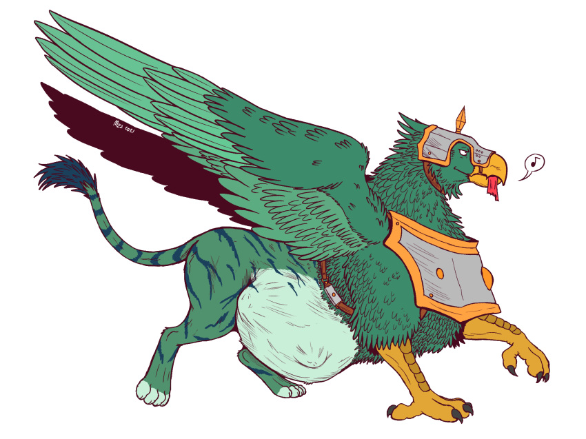 ambiguous_gender armor ass avian beak belly big_belly bird claws feathered_wings feathers feral fur green_body green_fur gryphon happy headgear helmet hi_res hybrid muscular mythological_avian mythology organs satisfied simple_background solo stomach striped_body striped_fur stripes thatgryphonguy thick_thighs vore warhammer_(franchise) warhammer_fantasy wings