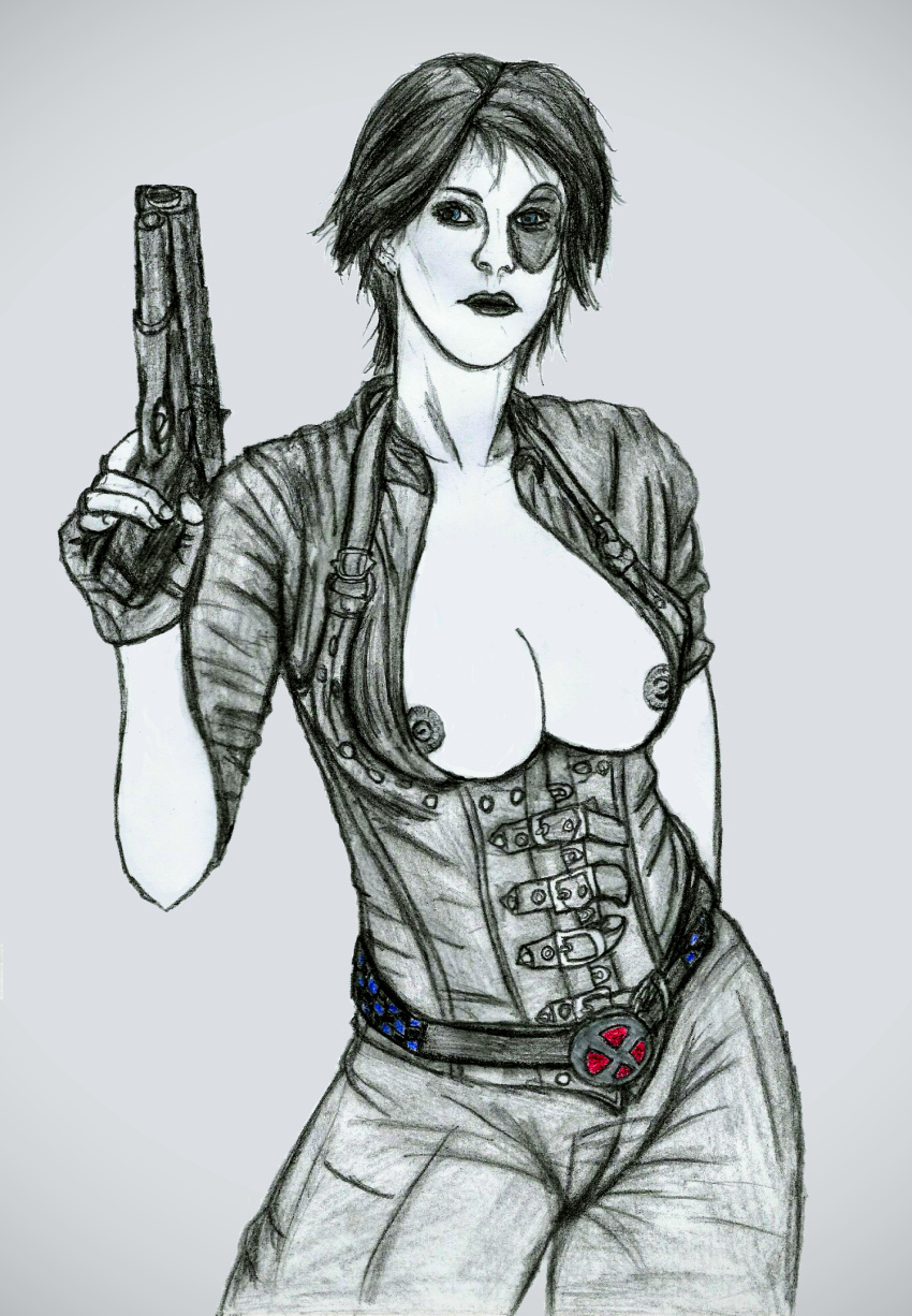 1girls bare_breasts belt belt_buckle big_breasts black_clothing black_hair black_lips blue_eyes bodysuit breasts breasts_out corset domino_(marvel) female female_only grey_background gun holding_gun holding_object homo_superior large_breasts marvel marvel_comics merc_kaiju mostly_clothed mutant neena_thurman nipples pale-skinned_female pale_skin plain_background short_hair solo solo_female thighs weapon white_skin x-force