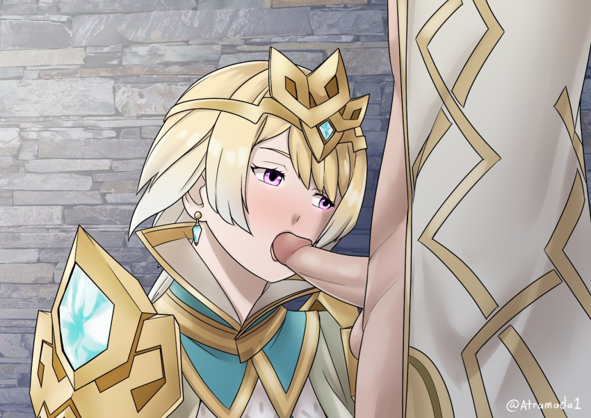 1boy atramada1 blonde_hair cloak fellatio female fire_emblem fire_emblem_heroes fjorm_(fire_emblem) kiran_(fire_emblem) kiran_(fire_emblem)_(male) loki_(fire_emblem) nintendo penis penis_lick penis_out purple_eyes testicles tiara transformation