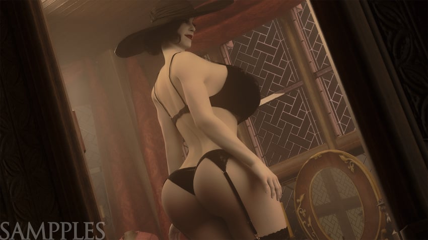 1girls 3d 3d_(artwork) alcina_dimitrescu ass big_breasts black_panties black_underwear bra breasts capcom cheeky_panties female garter_belt garter_straps huge_breasts lingerie panties red_lipstick resident_evil resident_evil_8:_village sampples solo thighhighs underwear