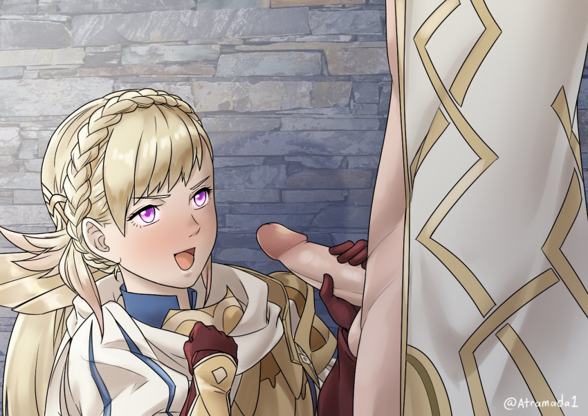 1boy atramada1 blonde_hair braid braided_hair cloak clothed female fire_emblem fire_emblem_heroes handjob kiran_(fire_emblem) kiran_(fire_emblem)_(male) loki_(fire_emblem) medium_penis naked_coat nintendo open_mouth penis penis_out purple_eyes sharena_(fire_emblem) testicles transformation