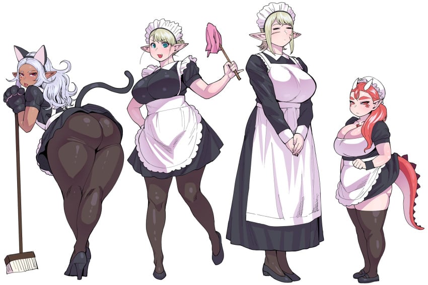 4girls ass aunt aunt_and_niece bent_over big_ass big_breasts blonde_hair breasts cat_ears cat_tail cleavage crossed_legs curvy dark-skinned_female dark_elf dark_skin dragon_girl elf elf-san_wa_yaserarenai elf_ears elf_female elfuda female female_only gonda_(elf-san) height_difference high_heels horns huge_ass huge_breasts humanoid kuroeda long_hair looking_at_viewer maid maid_uniform mature multiple_girls oeda pale-skinned_female pale_skin pantyhose pointy_ears quartet short_hair shortstack skirt standing synecdoche tail thick_thighs voluptuous white_hair wide_hips