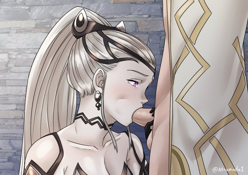 1boy 1girls atramada1 breasts choker cleavage eir_(fire_emblem) facing_to_the_side fellatio female fire_emblem fire_emblem_heroes grey_hair handjob hetero high_ponytail kiran_(fire_emblem) kiran_(fire_emblem)_(male) kiran_(male)_(fire_emblem) loki_(fire_emblem) nintendo oral penis penis_out ponytail purple_eyes testicles transformation