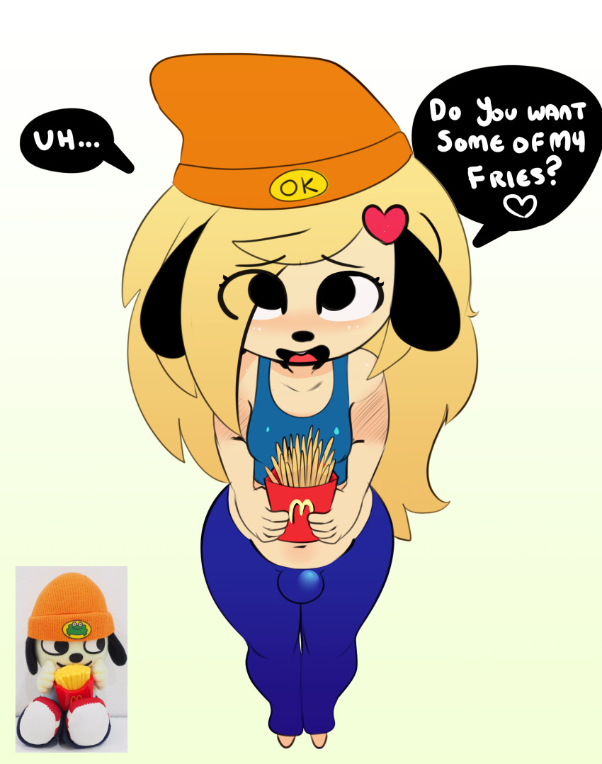 1boy anthro anthrofied blonde_hair bulge crossdressing cute dog_ears dog_tail eyelashes femboy feminine_male feminization furry gay girly humanoid long_hair long_hair_male male male_focus male_only malesub parappa parappa_the_rapper parappa_the_trappa somescrub text trap wide_hips