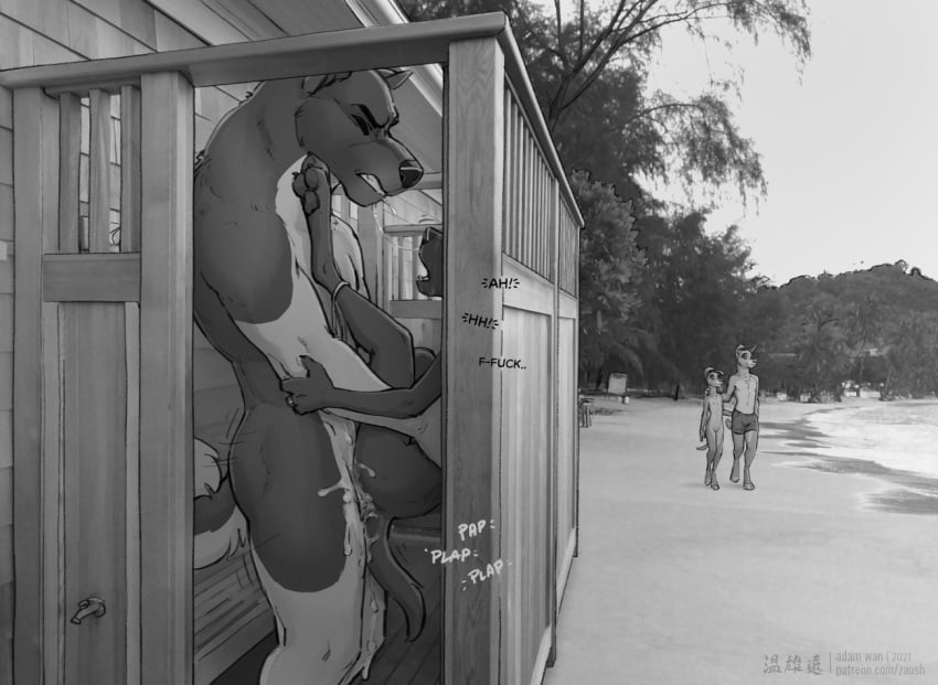 adam_wan against_wall ambiguous_penetration anthro beach big_dom_small_sub bodily_fluids canid canine canis cum cum_inside domestic_dog duo exhibitionism female female_penetrated genital_fluids greyscale larger_male male male/female male_penetrating male_penetrating_female mammal monochrome muscular muscular_male nude outdoor_sex penetration public seaside sex size_difference slim smaller_female smaller_penetrated stand_and_carry_position standing standing_sex zaush