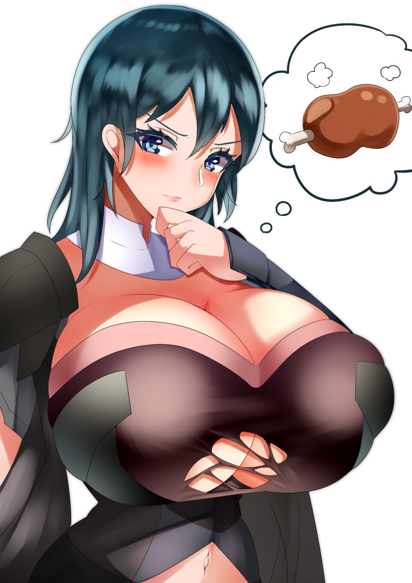 1girls blue_eyes blue_hair blush breasts byleth_(fire_emblem) byleth_(fire_emblem)_(female) cleavage female fire_emblem fire_emblem:_three_houses food highres huge_breasts meat medium_hair navel nintendo shirt simple_background solo solo_female tea_texiamato teal_hair thinking thought_bubble torn_clothes torn_shirt underboob white_background