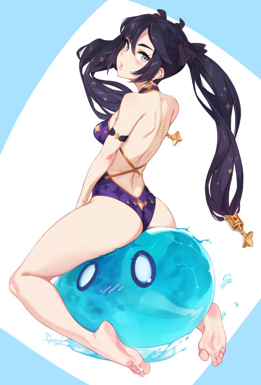 ass back bare_back barefoot blue_eyes blush breasts choker dat_ass feet feguimel female female_focus genshin_impact humping looking_at_viewer mona_(genshin_impact) one-piece_swimsuit sitting slime slime_(genshin_impact) slime_sex small_breasts soles swimsuit thighs toes twintails