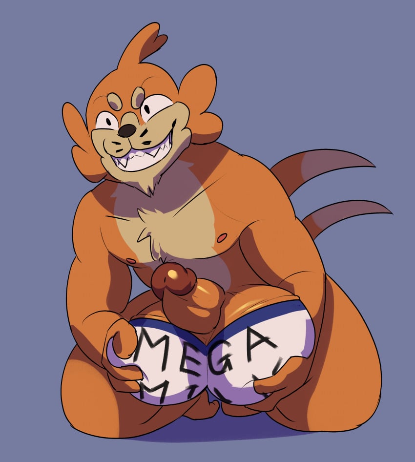 1boy absurd_res anthro balls big_balls blue_background buizel c0baltturqu0ise cel_shading clothing erection facial_hair genitals goatee hi_res holding_balls huge_balls humor hyper hyper_balls hyper_genitalia male male_only mega_milk meme nintendo orange_body pattern_underwear penis pokémon_(species) pokemon shaded simple_background smile solo underwear video_games