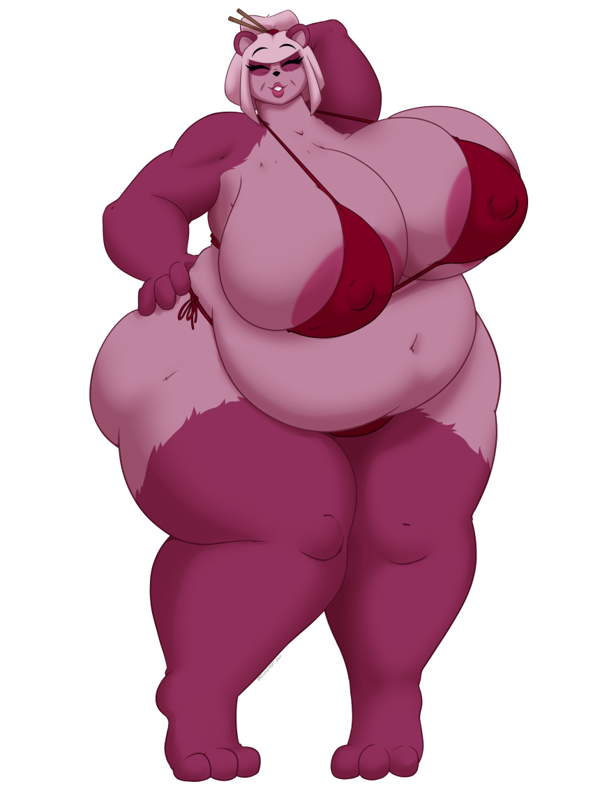 2021 3:4 absurd_res alpha_channel anthro bear belly big_belly big_breasts bikini breasts brewheardt chopsticks closed_eyes clothing eyes_closed female furry giant_panda hair hair_bun hand_behind_head hi_res kiki_(brewheardt) lips mammal mature_(disambiguation) mature_female mother overweight overweight_anthro overweight_female parent pose solo swimwear ursid wide_hips