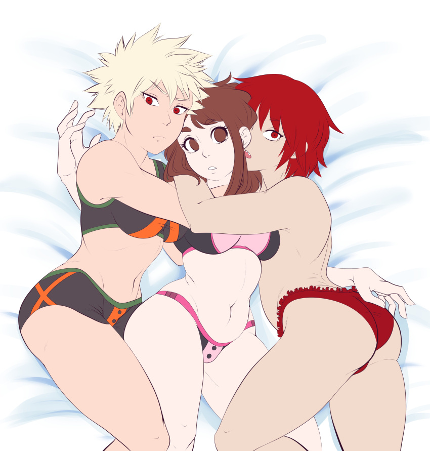 3girls big_breasts eijirou_kirishima embrace embracing female female/female female_bakugou female_eijirou female_focus female_only genderswap genderswap_(mtf) hugging katsuki_bakugou large_breasts looking_at_viewer matching_underwear meggadoodle multiple_girls my_hero_academia ochako_uraraka on_bed panties red_eyes red_hair rule_63 sandwiched short_hair shounen_jump sports_bra underwear very_short_hair yuri