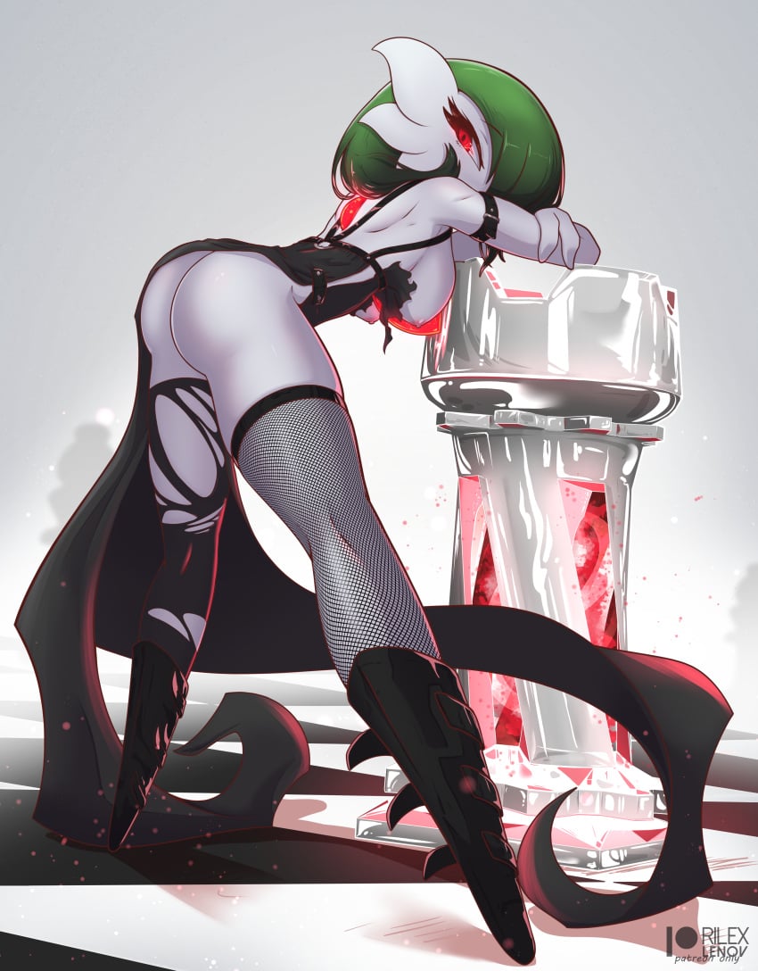 anthro arm_belt boots breasts chess chessboard clothing cosplay_gardevoir eyelashes female fishnet_legwear gardevoir green_hair hair leaning nub_feet pokemon pokemon_(species) red_eyes rilex_lenov rook_(chess) thighhighs torn_clothes