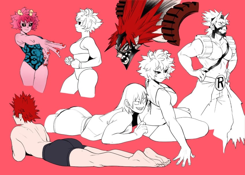 1boy 1boy1girl 1girls ass big_breasts bikini black_sclera boxer_briefs butt_crack eijirou_kirishima female hero_outfit_(mha) horns kirimina large_breasts leotard male male/female mina_ashido muscles muscular muscular_male my_hero_academia one-piece_swimsuit peaking pecs pink_hair pink_skin pulling_panties red_hair sharp_teeth spiky_hair sports_bra straight swimsuit teeth thick two_piece_swimsuit yywu5527