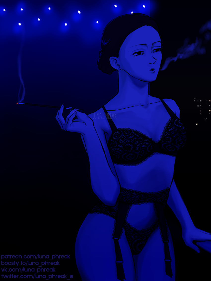 1girls attack_on_titan black_hair black_lingerie blue_lights cigarette classy classy_female dark_hair dark_lighting female french_girl garter_belt garter_straps lara_tybur light_skinned_female lingerie luna_phreak mostly_clothed night shingeki_no_kyojin smoking tied_hair underwear