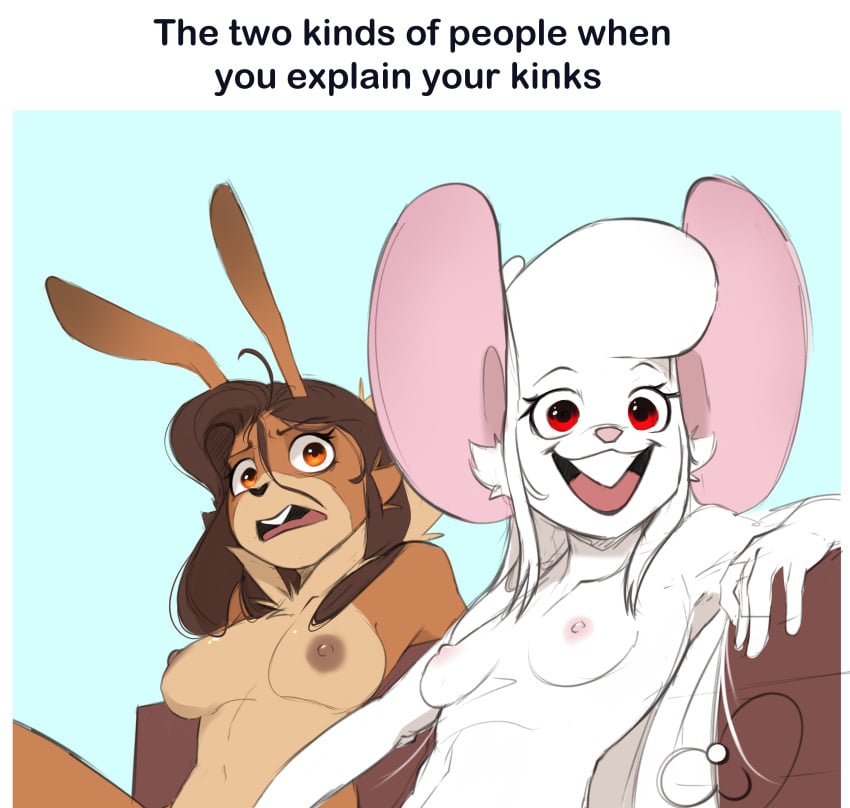 angel_(argosornstein) anthro argosornstein average_breasts avril_(argosornsteinn) big_ears bunny_ears bunny_girl disgusted disgusted_expression disgusted_look exibitionism female_only furry furry_female happy lesbian lesbian_couple long_hair meme mouse mouse_ears mouse_girl naked naked_female naked_woman nude nude_anthro nude_female original_character original_characters reaction sharp_teeth small_breasts smile