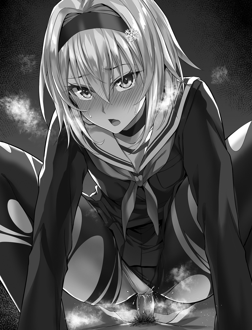 1boy black_hairband choker commentary_request cowgirl_position eyebrows_visible_through_hair female greyscale hair_between_eyes hair_ornament hairband highres ijima_yuu kuzuryuu_yaichi long_hair long_sleeves looking_at_viewer male_pubic_hair monochrome open_mouth panties panties_aside pantyhose pubic_hair ryuuou_no_oshigoto! sailor_collar school_uniform serafuku sex short_hair snowflake_hair_ornament solo_focus sora_ginko squatting_cowgirl_position straddling straight tears torn_clothes torn_legwear uncensored underwear vaginal_penetration