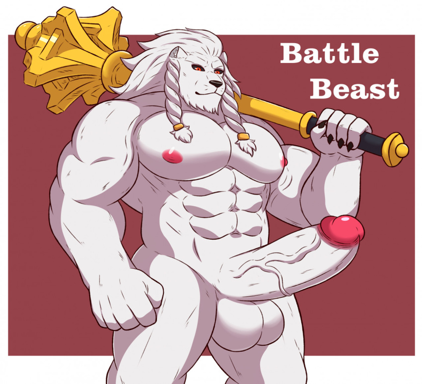 1boy abs anthro balls battle_beast biceps big_balls big_muscles big_penis black_claws black_nose black_sclera claws clothed clothing dreadlocks english_text erection felid finger_claws fur genitals glans hair hanzo_matsumoto holding_mace huge_cock invincible lion long_hair mace male male_only mammal melee_weapon muscular muscular_anthro muscular_male nipples nude pantherine partially_clothed pecs penis pink_glans pink_nipples pink_tip solo swimwear text thick_penis thokk thokk_(invincible) vein veiny_penis weapon weapon_on_shoulder white_balls white_body white_ears white_fur white_penis yellow_eyes