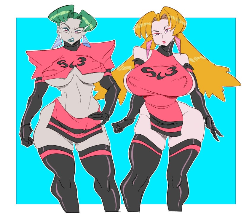 2girls alternate_breast_size butch_(pokemon) cassidy_(pokemon) cleavage female female_focus female_only game_freak kosaburou_(pokemon) multiple_girls nintendo nipple_bulge partially_clothed pokemon rule_63 slb team_rocket thighhighs