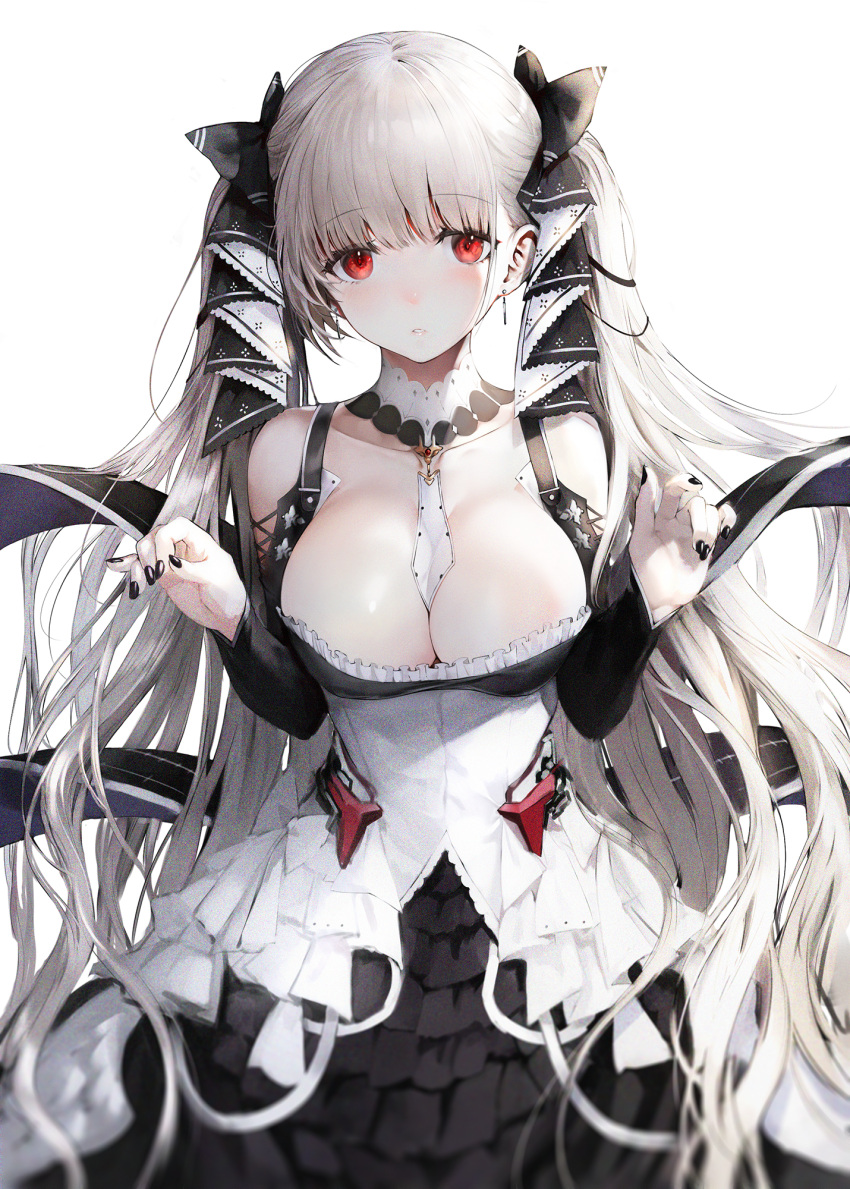 1girls azur_lane big_breasts black_nails bow cleavage collar dress female female_focus female_only formidable_(azur_lane) hair_ornament hair_ribbon haori_iori highres large_breasts long_sleeves looking_at_viewer maid maid_outfit maid_uniform open_mouth red_eyes solo solo_female solo_focus twintails white_hair