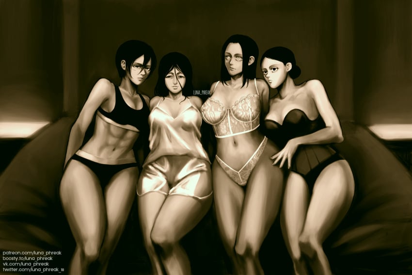 abs attack_on_titan big_breasts black_hair bustier corset frieda_reiss lace_bra lace_panties lara_tybur luna_phreak marleyan_and_eldian mikasa_ackerman pieck_finger pieckchann shingeki_no_kyojin sports_bra thick_thighs underwear